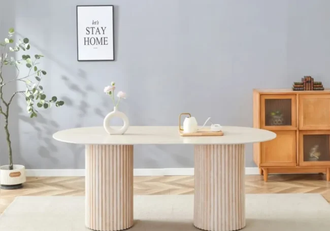 TABLE A MANGER KEYSHA PIED TRAVERTIN PLATEAU CERAMIQUE TRAVERTIN BRILLANT