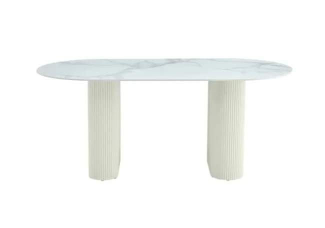TABLE A MANGER SELENA PIED BEIGE PLATEAU CERAMIQUE MARBRE BLANC - Image 3